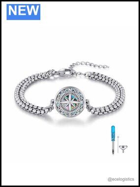 Sterling Silver Compass Urn Bracelet Memorial Jewelry Women Men Chain